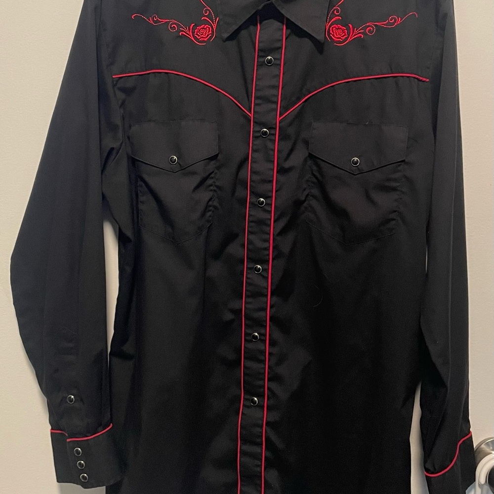 Men's Sexy Black Western Shirt with Red Embroidery Roses